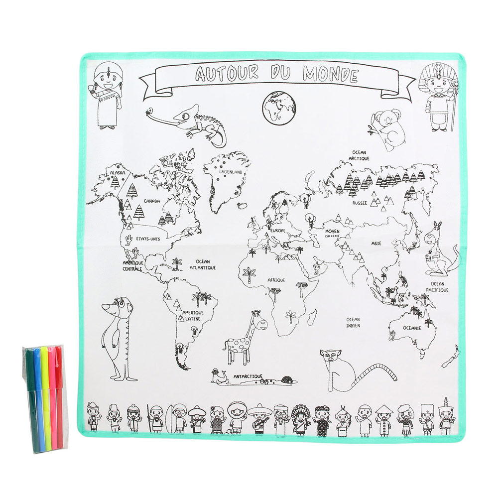Tapis Carte Du Monde A Colorier Avec 5 Feutres Chez Scoleo Vie De Famille